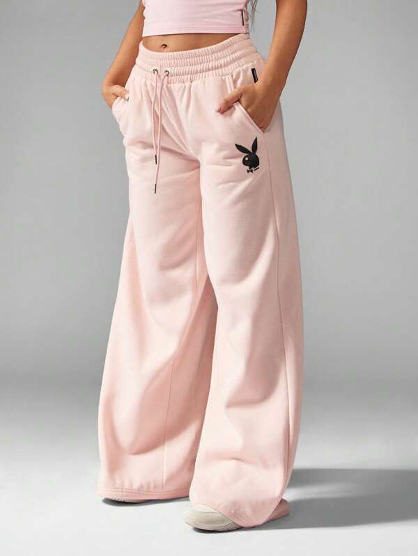 missguided Missguided x Playboy Drawstring Fleece Wide Leg Logo Design Sweatpants