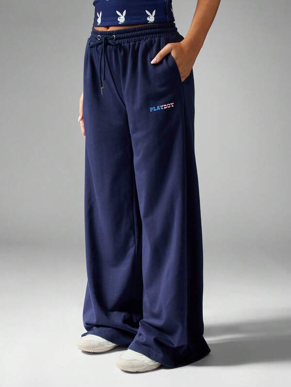 Missguided Missguided X Playboy Drawstring Wide Leg Fleece Lounge Comfort Sweatpants