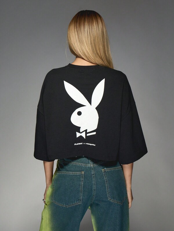 Missguided Missguided X Playboy Drop Shoulder Cropped Logo T Shirt With Bell Sleeves