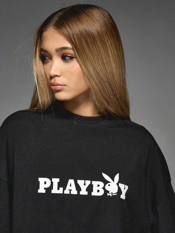 Missguided Missguided X Playboy Drop Shoulder Cropped Logo T Shirt With Bell Sleeves