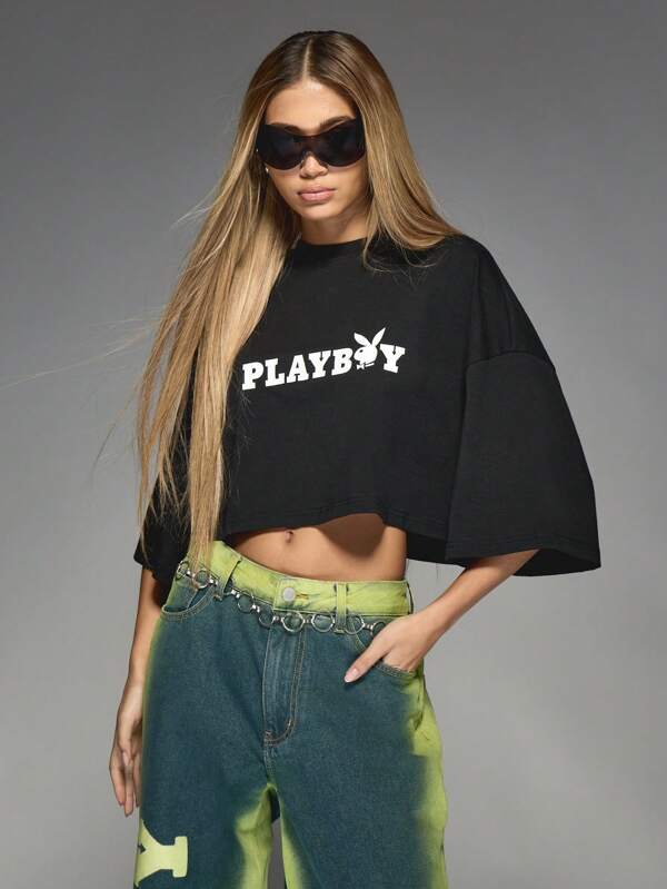 missguided Missguided x Playboy Drop Shoulder Cropped Logo T Shirt With Bell Sleeves