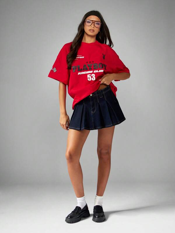 Missguided Missguided X Playboy Drop Shoulder Racing Graphic T Shirt With Number Print