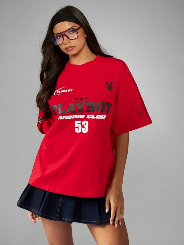 Missguided Missguided X Playboy Drop Shoulder Racing Graphic T Shirt With Number Print