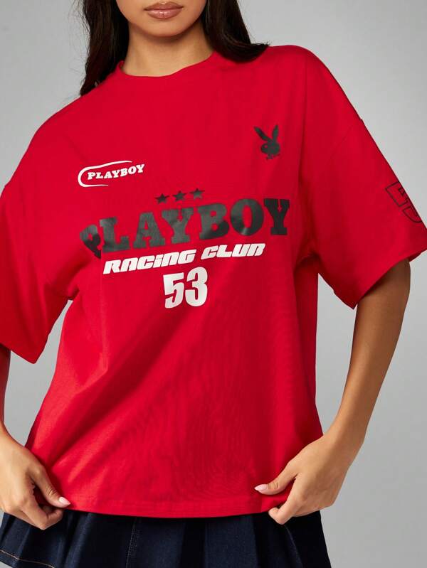 missguided Missguided x Playboy Drop Shoulder Racing Graphic T Shirt With Number Print