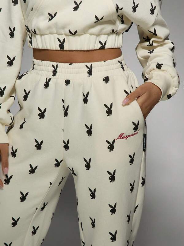 Missguided Missguided X Playboy Elastic Waist Cuffed Ankle X Logo Print Sweatpants