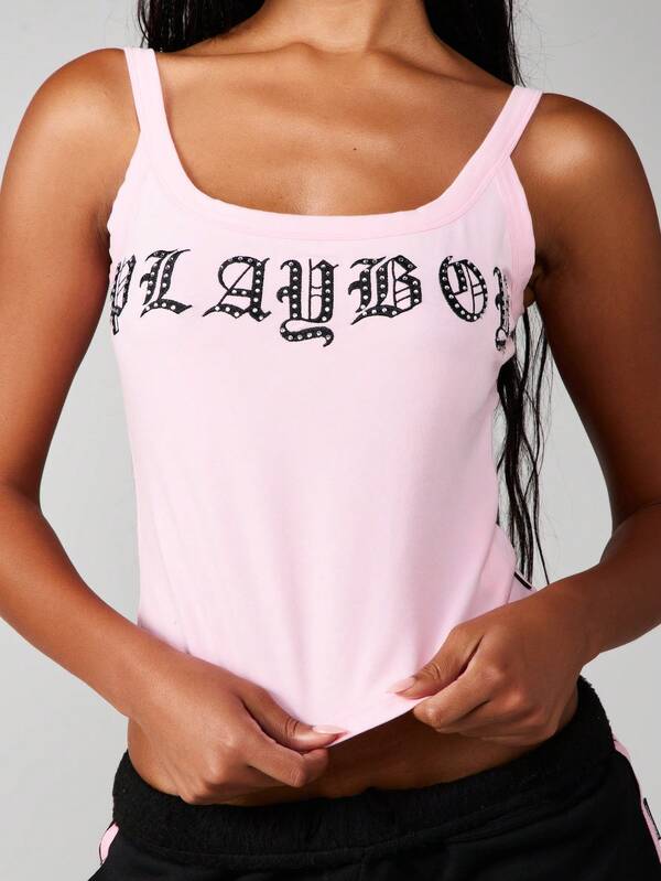 missguided Missguided x Playboy Embellished Gothic Text Fitted Tank Top