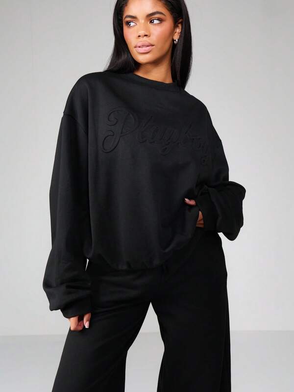 missguided Missguided x Playboy Embossed Logo Crewneck Sweatshirt With Ribbed Trim