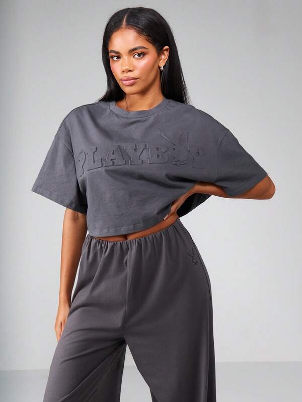 Missguided Missguided X Playboy Embossed Logo Crop Top And Wide Leg Pants Set