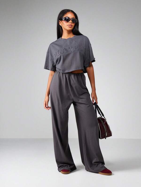 missguided Missguided x Playboy Embossed Logo Crop Top And Wide Leg Pants Set