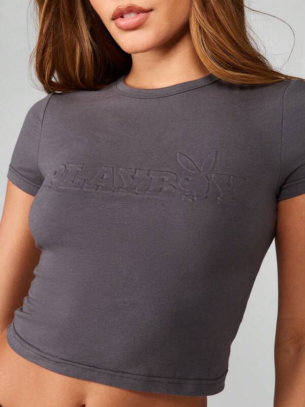 missguided Missguided x Playboy Embossed Logo Short Sleeve Crop Tee