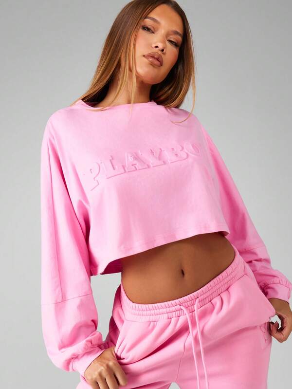 Missguided Missguided X Playboy Embossed Logo Wide Leg Pants With Cropped Sweatshirt Set