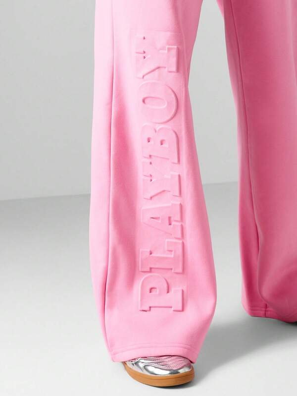 Missguided Missguided X Playboy Embossed Logo Wide Leg Pants With Cropped Sweatshirt Set