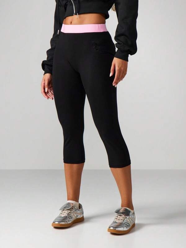 Missguided Missguided X Playboy Embossed Script Capri Leggings With Pink Waistband