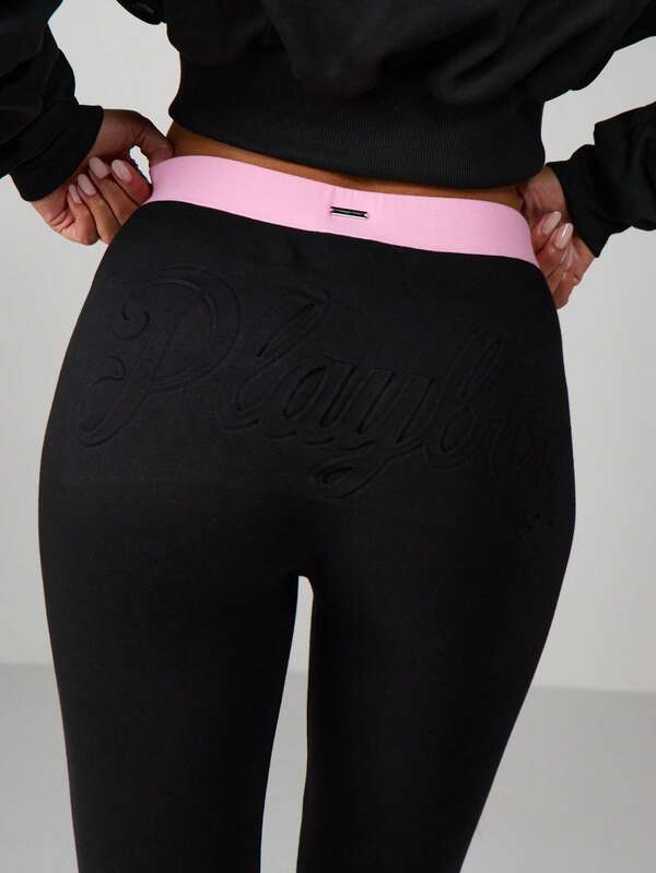 Missguided Missguided X Playboy Embossed Script Capri Leggings With Pink Waistband