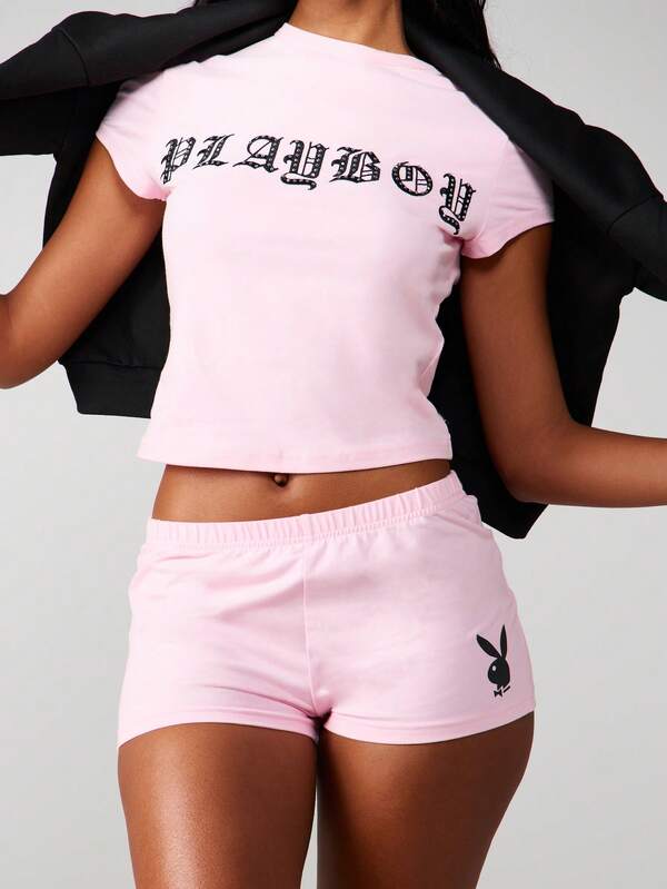 Missguided Missguided X Playboy Embroidered Diamante Graphic Fitted Baby Tee
