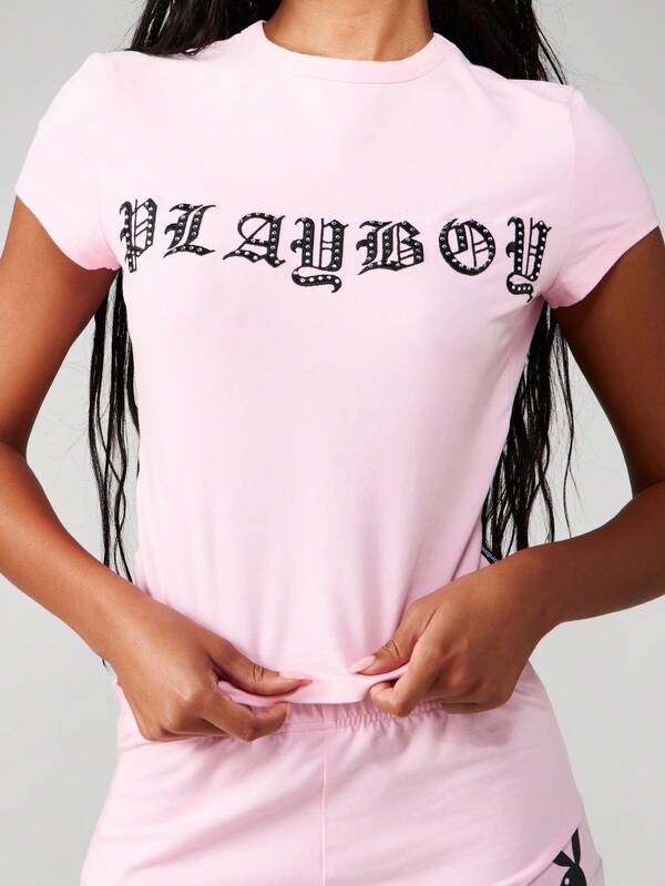 missguided Missguided x Playboy Embroidered Diamante Graphic Fitted Baby Tee