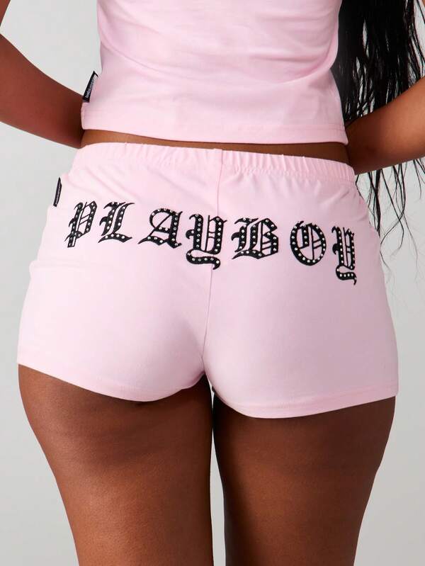 missguided Missguided x Playboy Embroidered Diamante Graphic Fitted Hot Pants