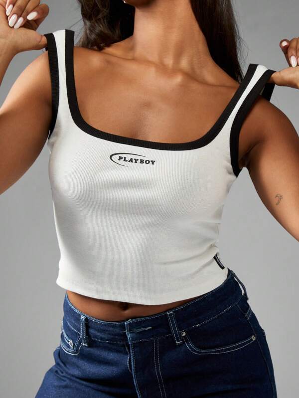 missguided Missguided x Playboy Essential Ribbed Crop Style Square Neck Tank Top