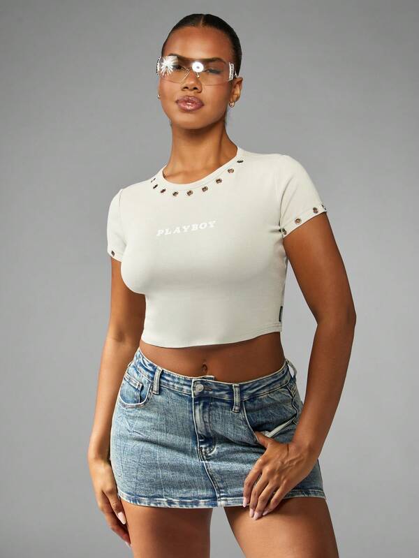 Missguided Missguided X Playboy Eyelet Detail Crop Baby Tee