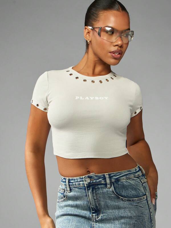 missguided Missguided x Playboy Eyelet Detail Crop Baby Tee