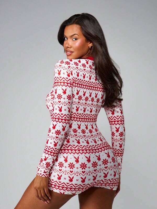 Missguided Missguided X Playboy Fair Isle V Neck Holiday Romper