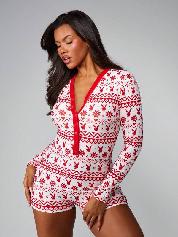 Missguided Missguided X Playboy Fair Isle V Neck Holiday Romper