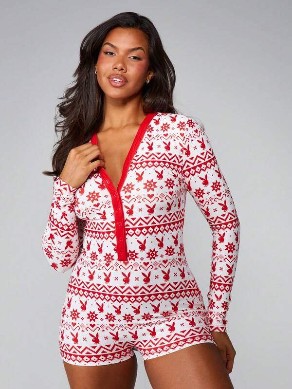missguided Missguided x Playboy Fair Isle V Neck Holiday Romper