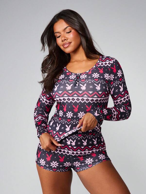 missguided Missguided x Playboy Fairisle Long Sleeve Top With Shorts Set
