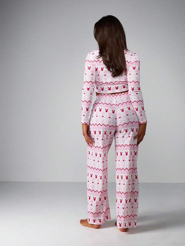 Missguided Missguided X Playboy Fairisle Print Pointelle Henley Wide Leg Lounge Set