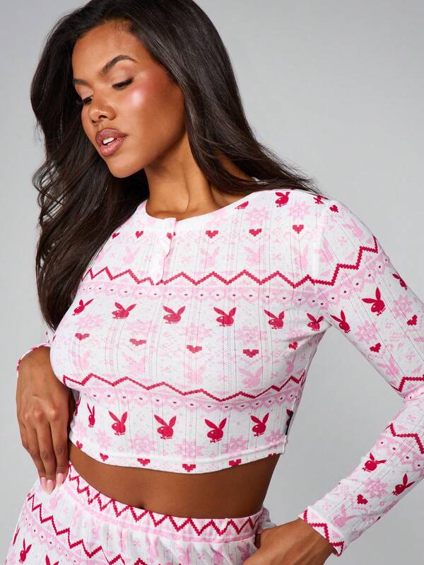 Missguided Missguided X Playboy Fairisle Print Pointelle Henley Wide Leg Lounge Set