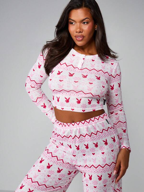 Missguided Missguided X Playboy Fairisle Print Pointelle Henley Wide Leg Lounge Set