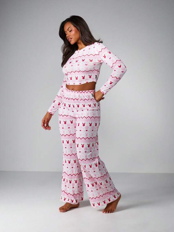 missguided Missguided x Playboy Fairisle Print Pointelle Henley Wide Leg Lounge Set
