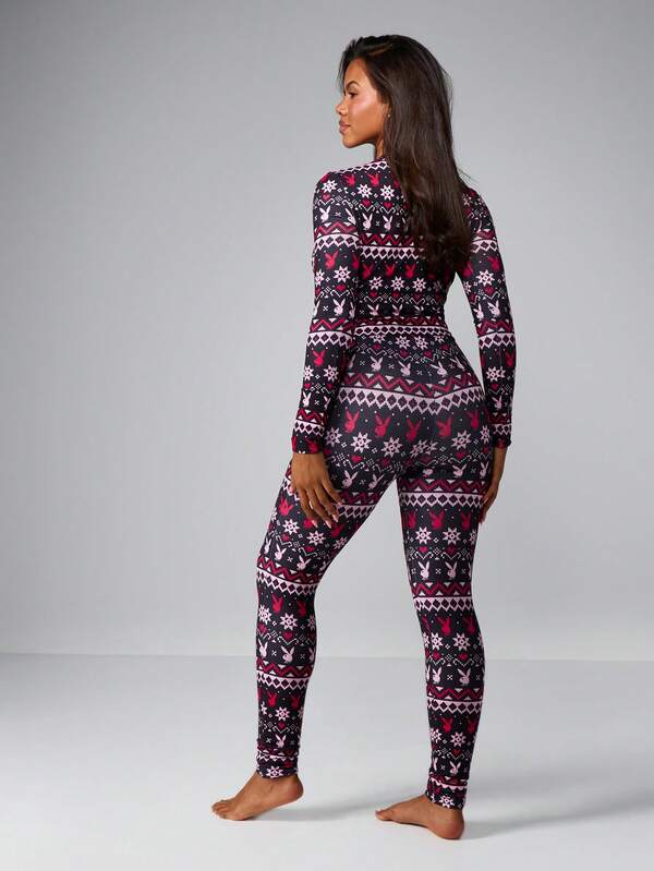 Missguided Missguided X Playboy Fairisle Printed Long Sleeve Pajama Set