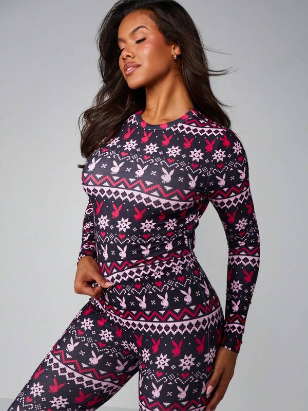 Missguided Missguided X Playboy Fairisle Printed Long Sleeve Pajama Set