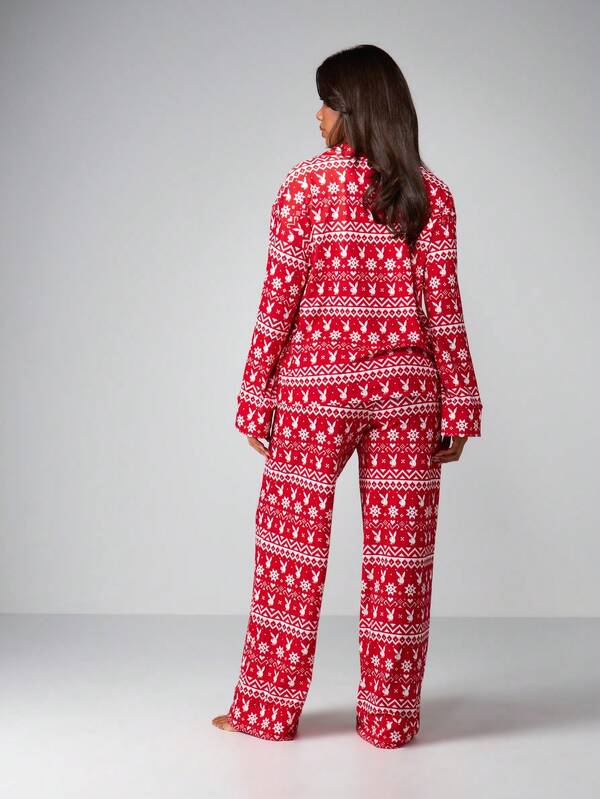 Missguided Missguided X Playboy Fairisle Printed Pajama Set With Long Sleeves
