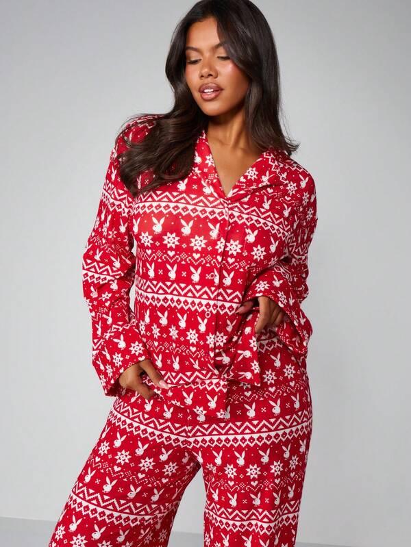Missguided Missguided X Playboy Fairisle Printed Pajama Set With Long Sleeves
