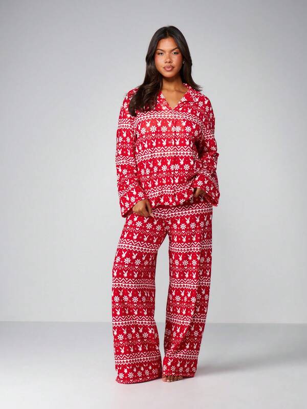 Missguided Missguided X Playboy Fairisle Printed Pajama Set With Long Sleeves