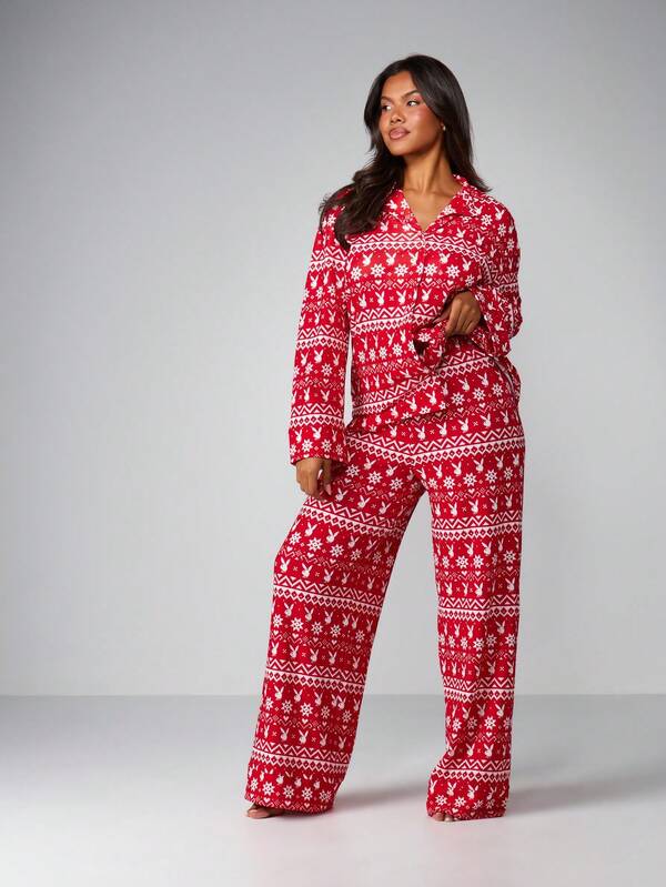 missguided Missguided x Playboy Fairisle Printed Pajama Set With Long Sleeves