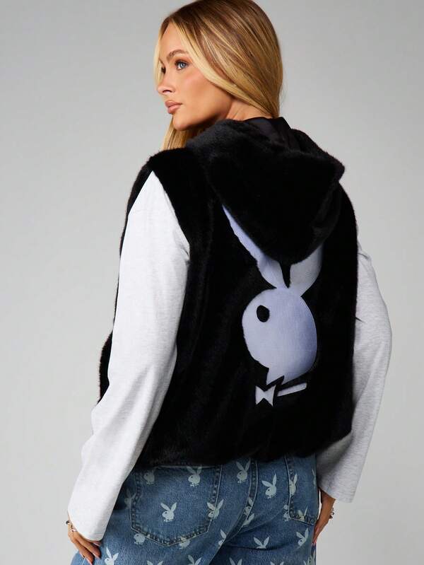 missguided Missguided x Playboy Faux Fur Hooded Gilet With Logo