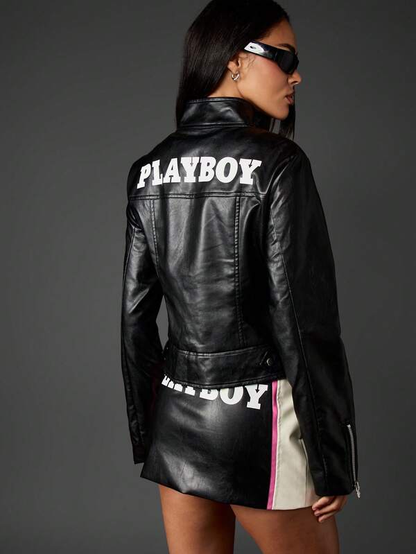 Missguided Missguided X Playboy Faux Leather Moto Jacket With Racing Stripes And Logo