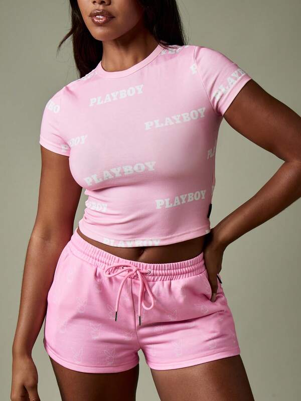 Missguided Missguided X Playboy Fitted Baby Tee With All Over Logo Print