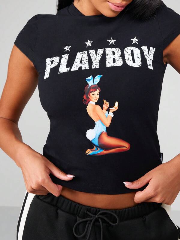missguided Missguided x Playboy Fitted Baby Tee With Pin Up Girl Print