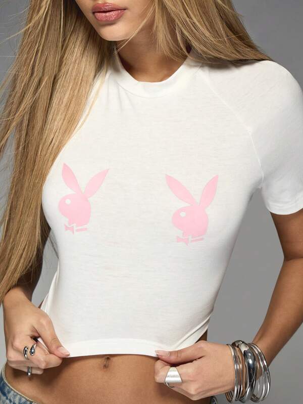 Missguided Missguided X Playboy Fitted Bunny Logo Crop T Shirt With Ringer Design
