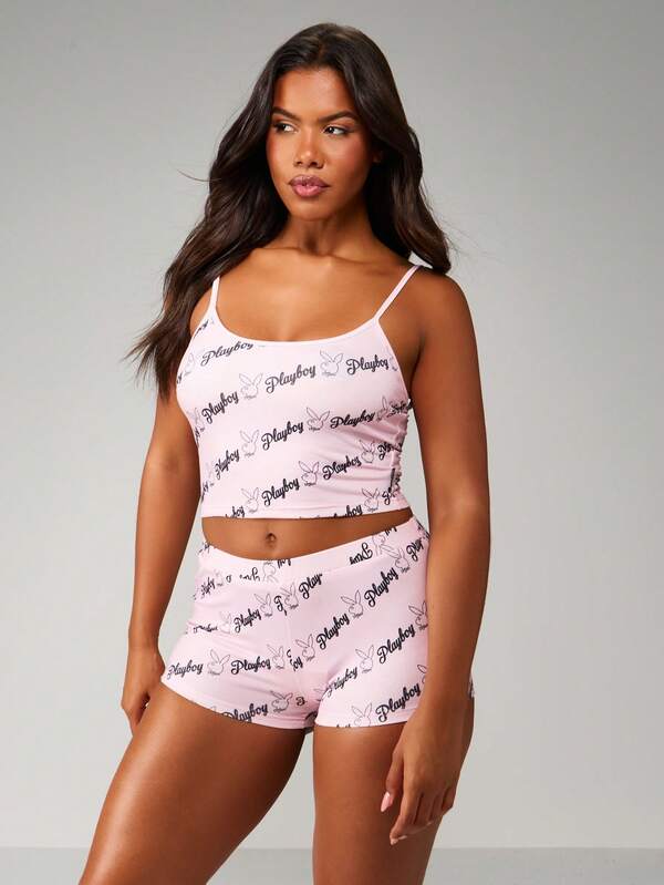 missguided Missguided x Playboy Fitted Cami Top And Booty Shorts With Bunny Logo Print
