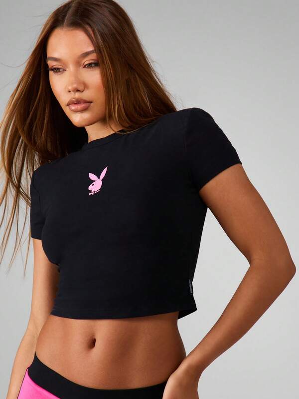 Missguided Missguided X Playboy Fitted Crew Neck Tee With Logo