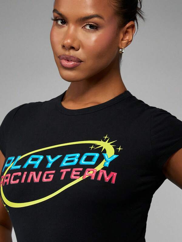 Missguided Missguided X Playboy Fitted Crop Baby Tee With Racing Team Graphics