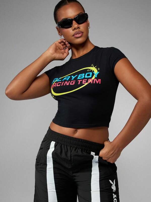 missguided Missguided x Playboy Fitted Crop Baby Tee With Racing Team Graphics