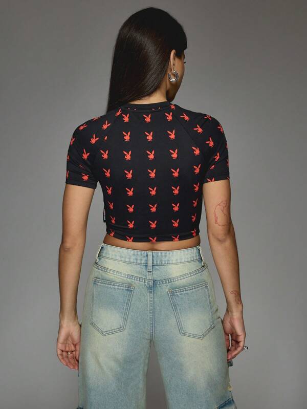 Missguided Missguided X Playboy Fitted Crop T Shirt With Bunny Pattern Print