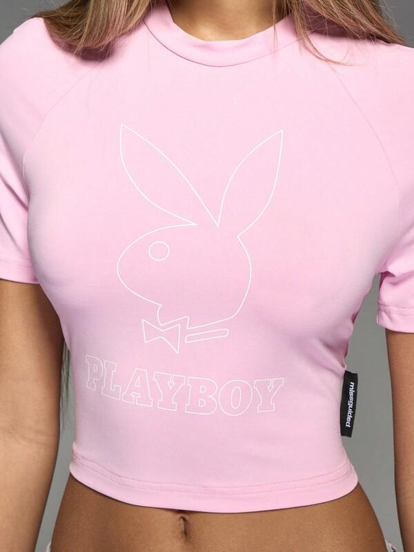 Missguided Missguided X Playboy Fitted Crop Top With Short Sleeves And Logo