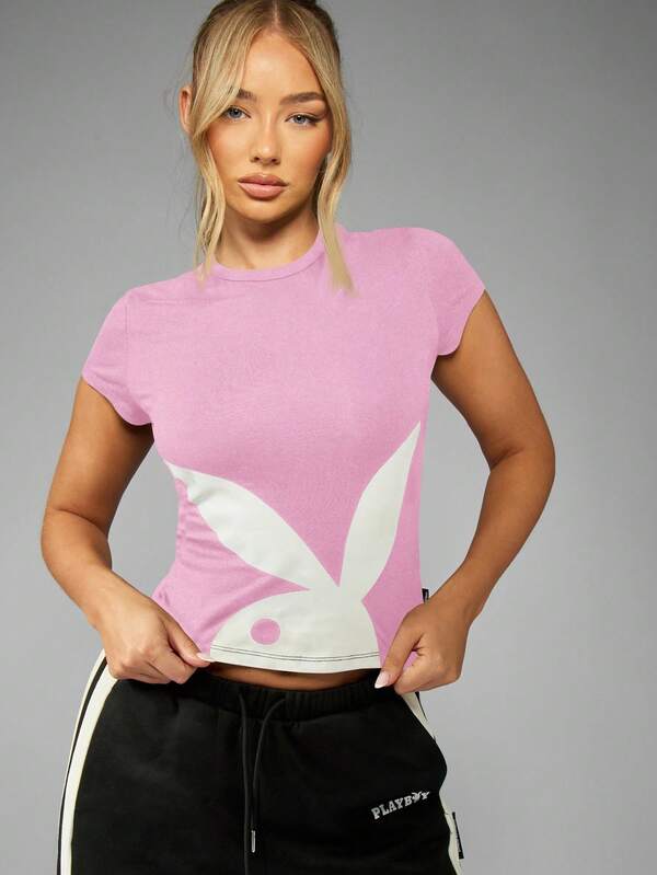 missguided Missguided x Playboy Fitted Cropped T Shirt With Bunny Graphic Print